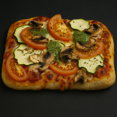 Pizza tomate courgette champignons pesto